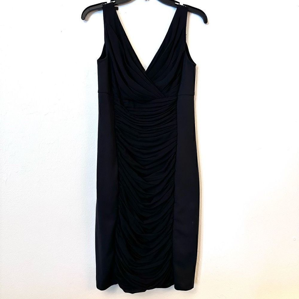 WHBM Women's Ruched Pleated Sleeveless V-Neck Mini Black Dress Size 6